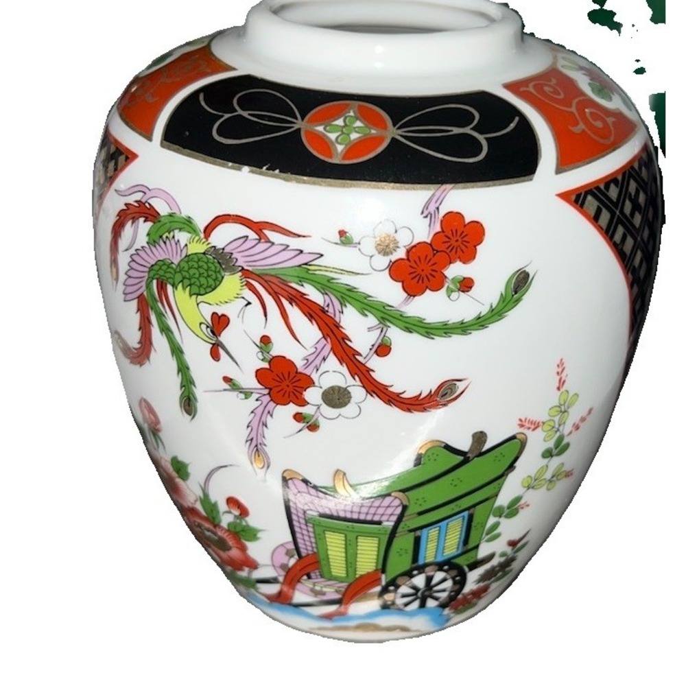 Vtg Japanese Imari Porcelain Ginger Jar Hand painted Phoenix Imperial Carriage(5